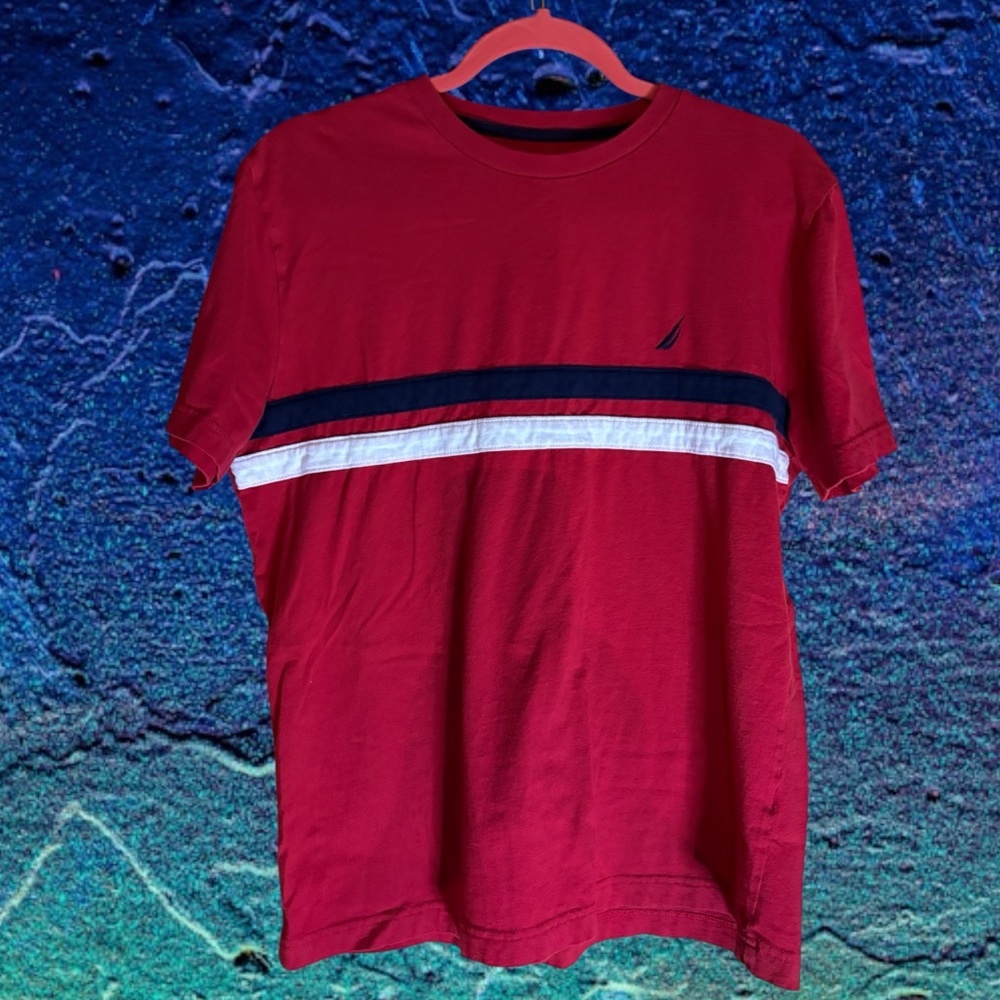 🍉Nautica Men's Red Tee with Navy and White Stripes EUC